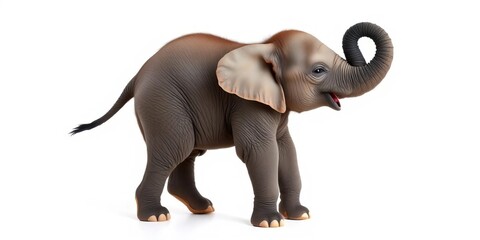 A tiny elephant calf playfully poses against a bright white backdrop, trunk raised,  bright,  cute