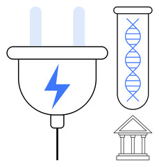 Electrical plug with lightning bolt, DNA helix in test tube, and simplified government building. Ideal for sustainability, innovation, biotechnology, governance, energy, science policy progress