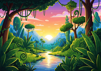 Colorful whimsical jungle river flows gently through a lively green forest with tall trees and radiant light from the rising sun.