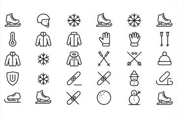 Fototapeta premium Snow and Winter Activity Icons – Skiing, Skating, Jacket, Gloves and Hat Symbols
