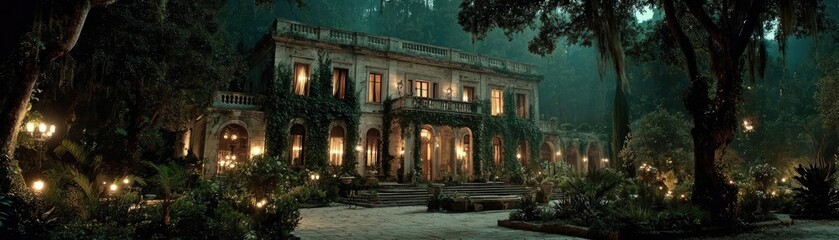 Naklejka premium Moonlit haunting of mansion in mist concept. An elegant mansion surrounded by lush greenery at twilight.