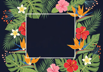 Colorful hibiscus, plumeria, and bird of paradise flowers with lush tropical leaves create a vibrant frame around a dark empty space.