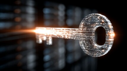 A glowing, metallic key with a digital circuitry pattern, floating in front of a blurred, dark background with a bright, glowing light source.