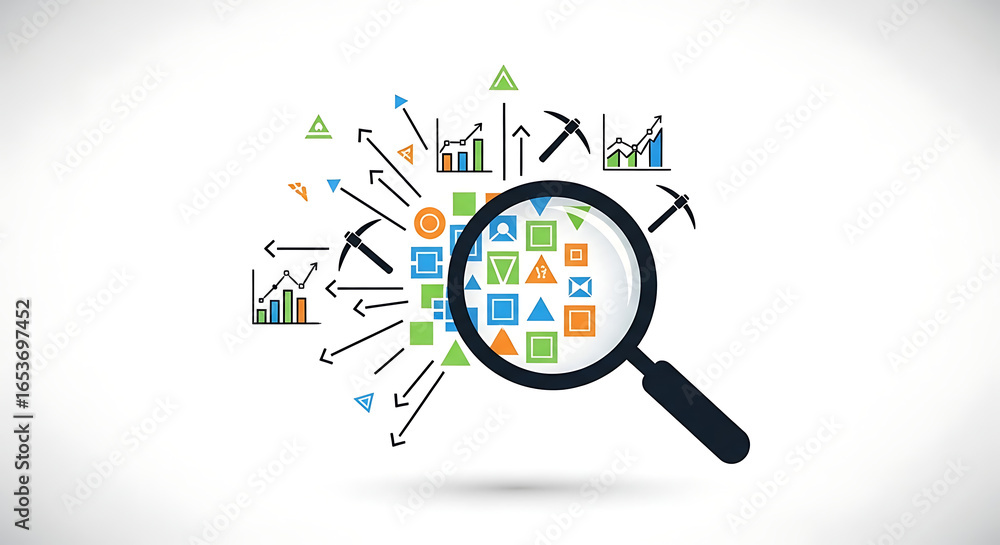 Poster data mining concept with magnifying glass over colorful shapes and graph icons on white background a