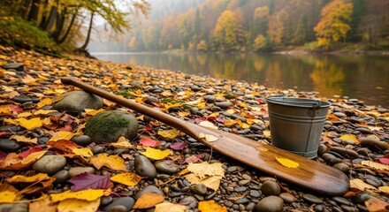 Wooden oar and a bucket on a rocky shore with colorful autumn leaves