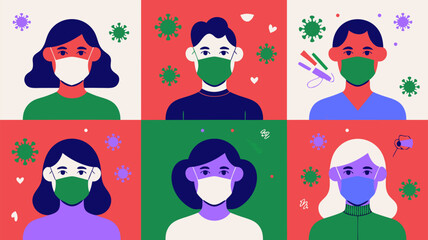 Illustration of people wearing face masks with virus symbols on red and green backgrounds