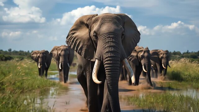 Majestic Elephant Procession Through Lush Savannah Waterscape Footage Scene