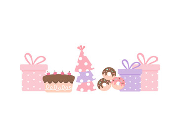 Happy Day Celebration Vector with Cake, Donuts, Gift Boxes, and Party Hat in Pastel Colors