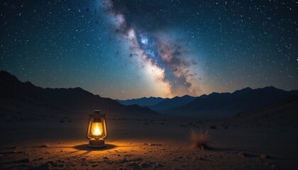 Lantern illuminates the milky way under a starry night sky