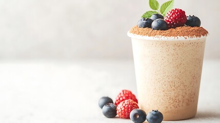 Refreshing berry topped smoothie in a tall clear cup