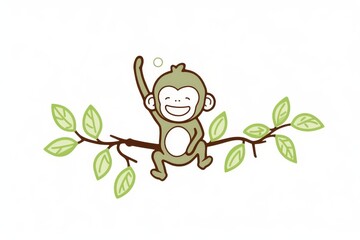 Cute monkey swinging on a vine, simple cartoon character with smiling face, bold line art, flat vector clipart for kids coloring page