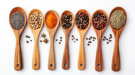 A collection of wooden spoons with various spices and seeds in them.