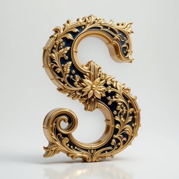 Luxurious ornate gold and black decorative letter s with floral baroque design in 3d style