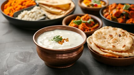 Assortment of indian dishes and breads on a table