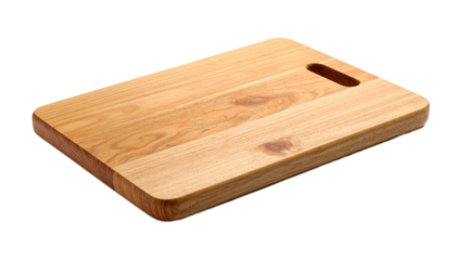 A rectangular wooden cutting board with a handle, showcasing a light beige tone and simple design.