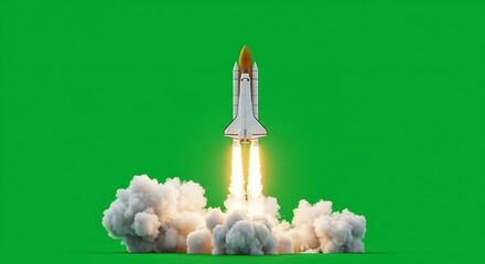 Rocket Launching with Bright Flames and Smoke Against Green and White Background