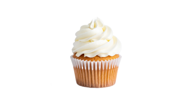 A delectable, single cupcake with a generous swirl of fluffy, white icing is showcased against a plain black background.