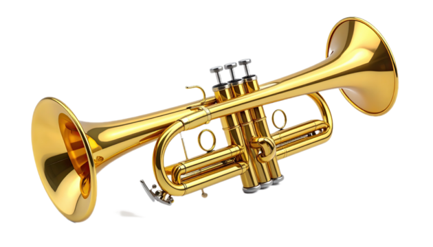 Polished golden trumpet against a striking black background, showcasing its intricate details and bright, rich hue.