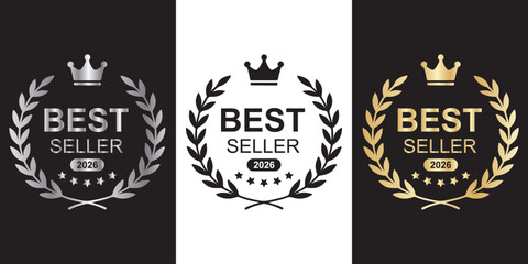 Set of badge best seller, best choice, best price, best quality. Gold and black logo design with wreath laurel. icon vector template. Best seller badge and seals icons with crowns and stars. 