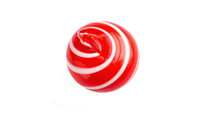 A glossy, round, red and white candy sphere with swirling stripes is featured against a stark black background.