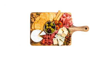 A wooden board laden with a delectable assortment of cheeses, cured meats, olives, crackers, and nuts, creating a beautiful and inviting gourmet display.
