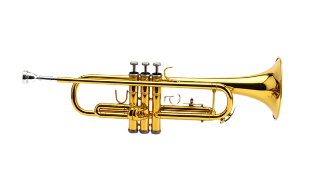 A polished, gleaming golden trumpet is highlighted against a black backdrop.