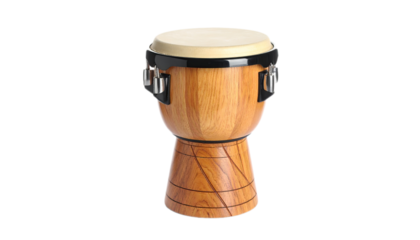 A wooden frame drum with a light tan top and a unique patterned design is presented against a stark black background.