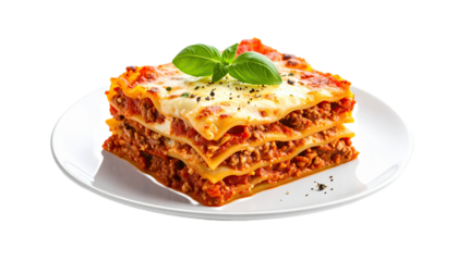 A delectable portion of lasagna, layered with savory meat filling, topped with melted cheese, and garnished with fresh basil, sits attractively on a white plate.