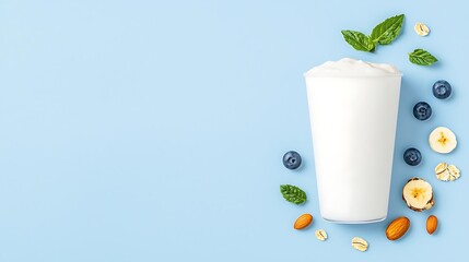 Healthy smoothie ingredients and a tall white cup on a blue background