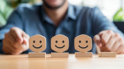 A man in a blue shirt is pointing at three wooden blocks with smiley faces on them.