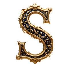Intricately designed ornate golden letter s with decorative dark background elements in vintage