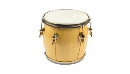 A light-yellow wooden drum, complete with metal hoops and tuning pegs, is featured against a black background.