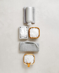 Natural spa, wellness, bath accessories as minimal flat lay pattern, sea salt flakes in wooden...