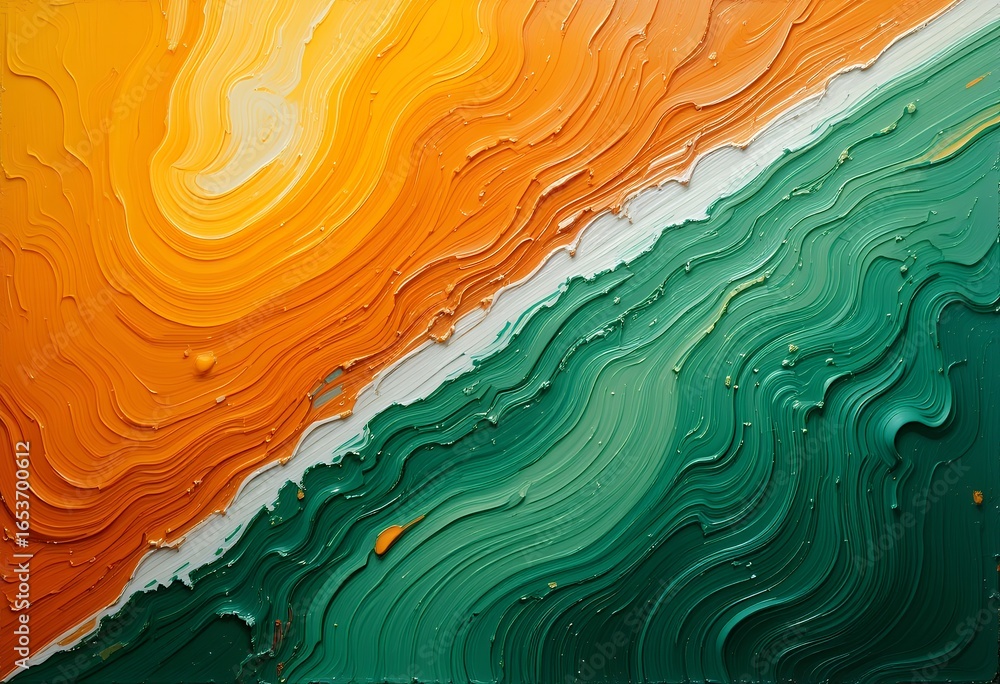 Poster close up view of thick vibrant paint texture showcasing abstract color waves and layered patterns