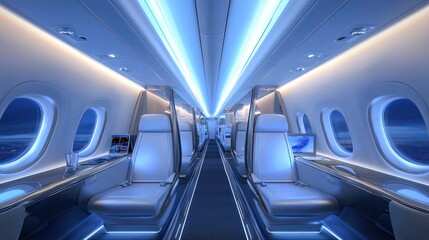 Obraz premium A sleek, modern airplane cabin with white and blue lighting, white leather seats, and large windows.