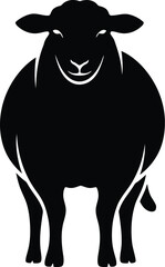 A detailed black silhouette of a sheep, standing and facing forward, with a smiling expression.