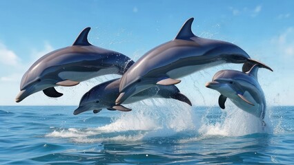 Obraz premium A Joyful Pod of Four Dolphins in a Synchronized Leap Over Blue Waves