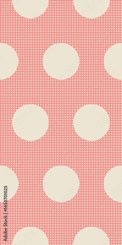 Poster seamless vector pattern with large beige polka dots on red checkered background, festive playful ret