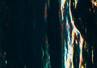 Fototapeta na wymiar Display failure texture. Glitch effect surface. Glossy metal glare scratched abstract black background. Colorful distressed old sheet free space.