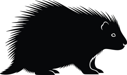 A simple black silhouette of a porcupine with its sharp quills raised, viewed from the side on a white background.