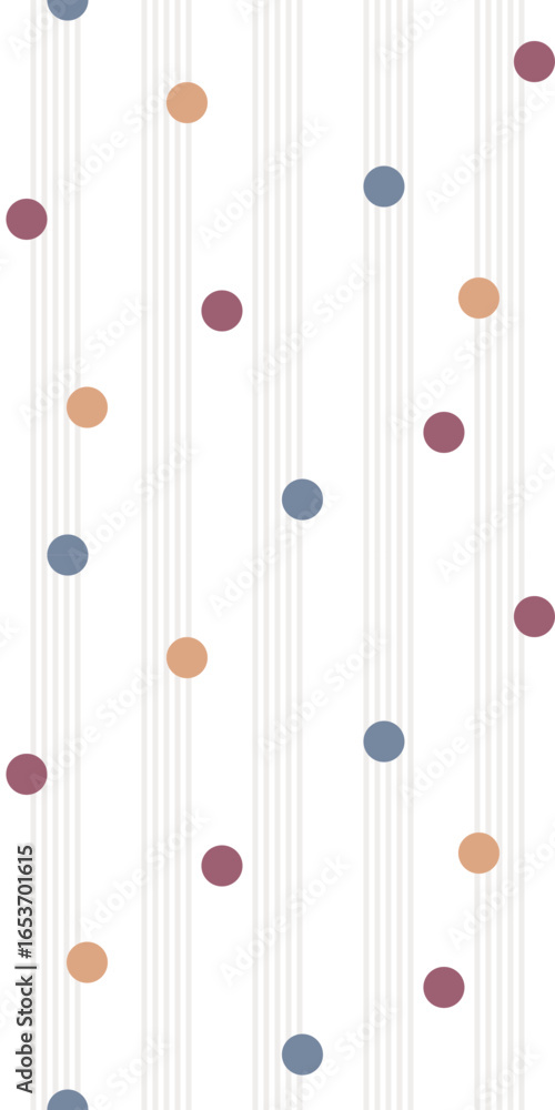 Poster seamless vector pattern with colorful polka dots and vertical stripes in minimal retro style, playfu