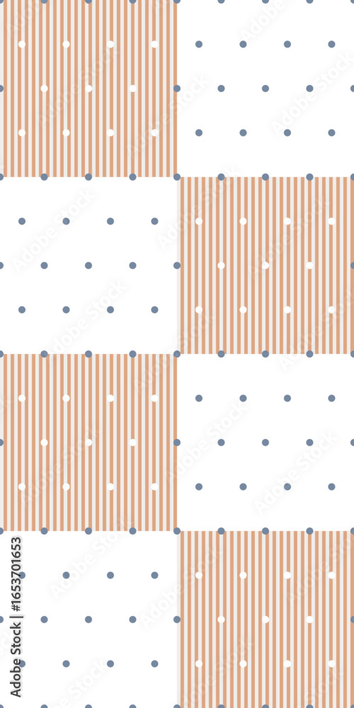 Poster seamless vector pattern with stripes and polka dots in retro geometric layout, decorative textile wa