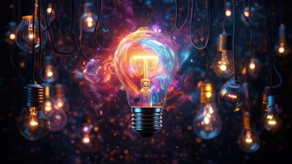 A Universe of Creativity: Lightbulb Glowing with Swirling Cosmic Nebula