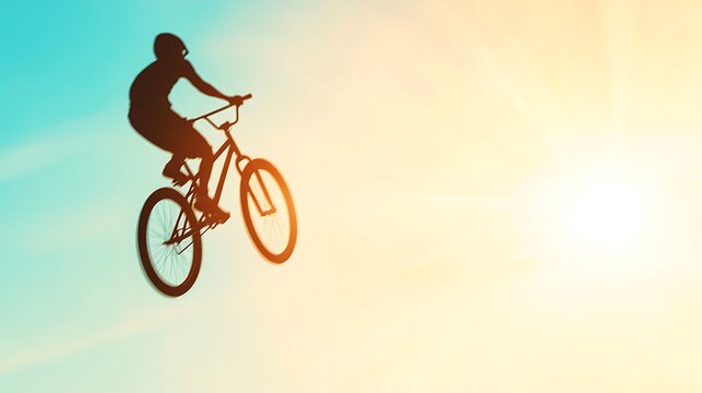 Silhouette of a cyclist performing a stunt against a bright sky - Powered by Adobe