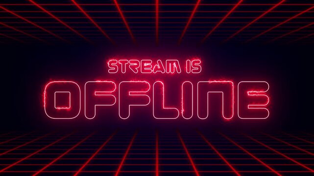 Offline Live Stream Neon Sign on Retro Grid Background, Gaming Channel Offline Screen with Red Glowing Text