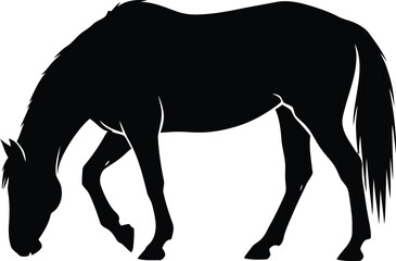 Black silhouette of a horse grazing in a field, showing its profile.