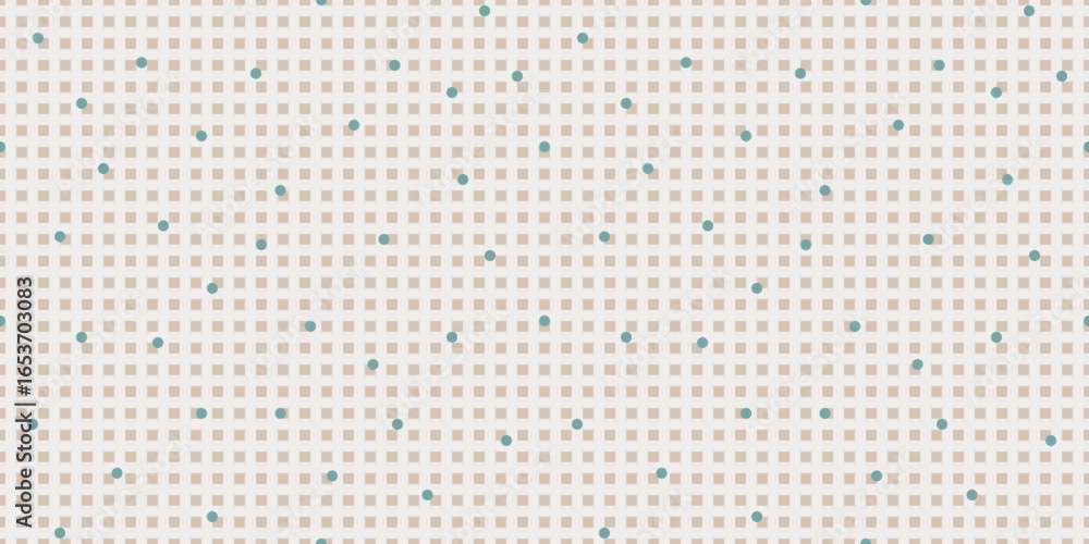 Poster seamless vector pattern with tiny beige squares and scattered small teal dots on soft cream backgrou