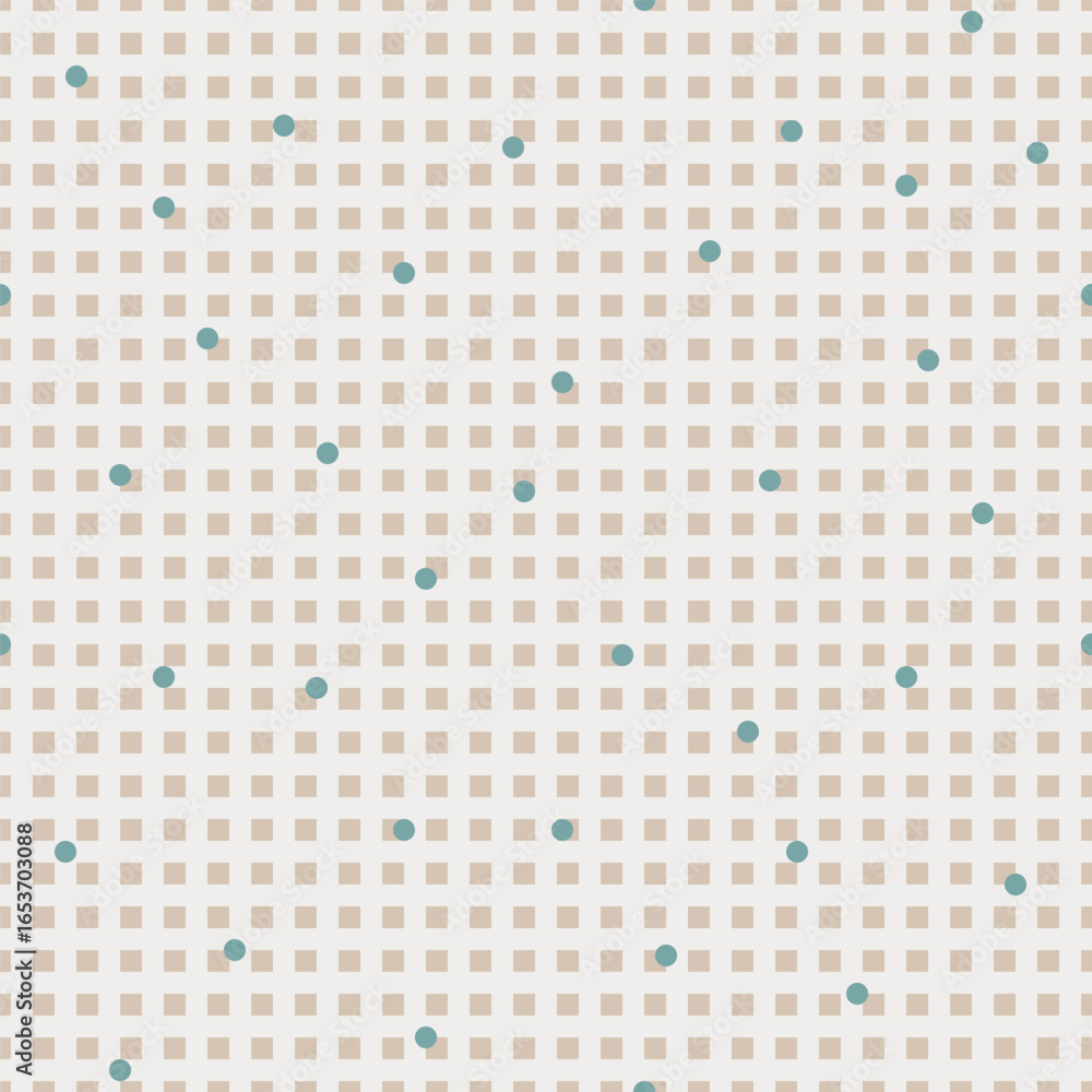 Poster seamless vector pattern with tiny beige squares and scattered small teal dots on soft cream backgrou