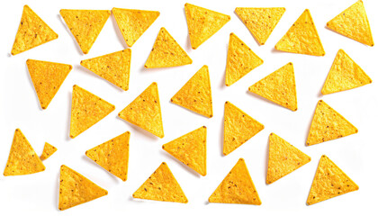 Atop a white background, numerous triangular tortilla chips are artfully arranged in a repeating pattern, accented by black brushstrokes.