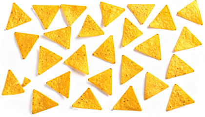 Atop a white background, numerous triangular tortilla chips are artfully arranged in a repeating pattern, accented by black brushstrokes.
